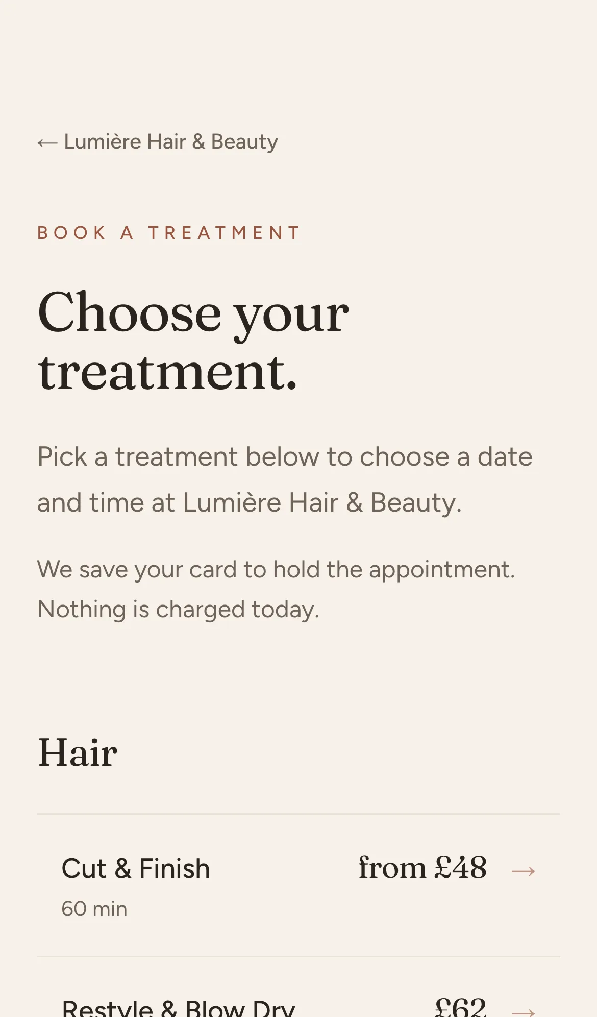 The Mintbook booking page on a phone, showing a treatment list with prices ready to book.