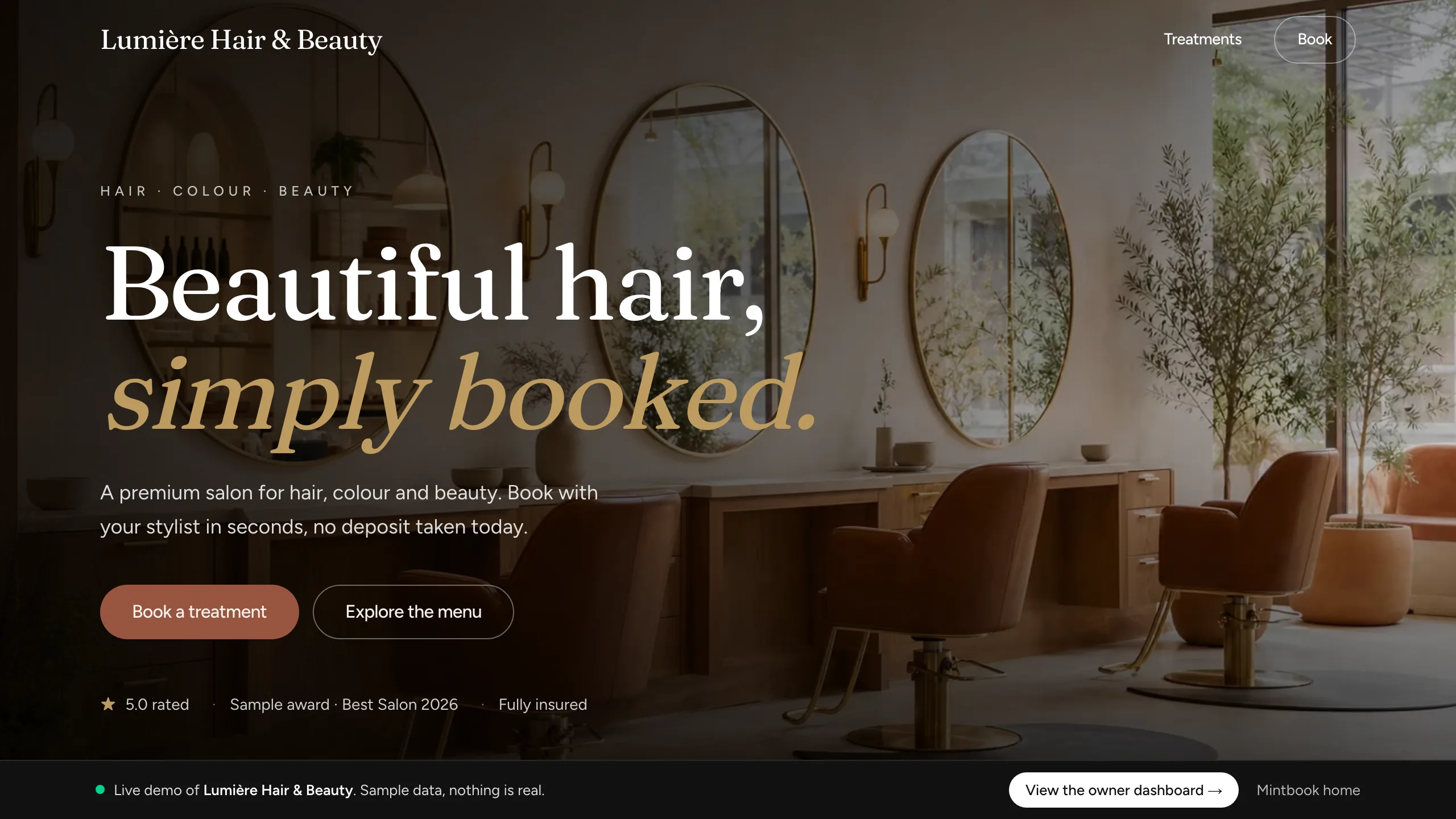 A live Mintbook salon booking site on desktop, showing a salon home page with a book button and treatment menu.